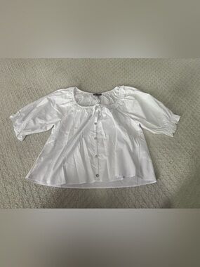 East of June White Button-Front Ruffle Neck Blouse